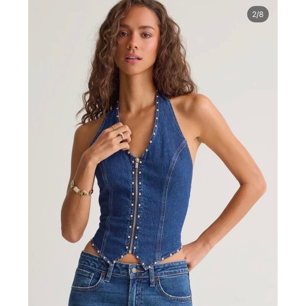 NWT Altar'd State Vicky Studded Halter Denim Vest Size XS Dark Wash